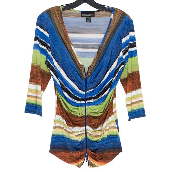 Frank Lyman Jacket 3/4 Sleeve Zip Retro Lightweight Ruched Stretch Colorful 12 - Picture 1 of 5